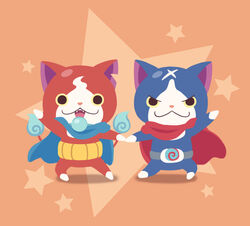  blue_cape blue_fire cape chuno commentary_request fangs feline fire flame-tipped_tail full_body fuyunyan haramaki jibanyan multiple_tails no_humans notched_ear open_mouth photoshop_(medium) red_cape scar simple_background star_(symbol) tail two_tails youkai_(youkai_watch) youkai_watch youkai_watch_2 