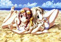  2girls :p absurdres ashita_no_kimi_to_au_tame_ni barefoot beach bikini bracelet breasts cloud feet hands highres jewelry kurashima_tomoyasu multiple_girls necklace scan sky soles sunglasses sunglasses_on_head swimsuit toes tongue tongue_out wakamiya_asuka yuugiri_ruriko 