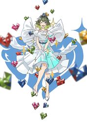  agas_(vpwt7475) bad_id bad_pixiv_id blue_eyes commentary diadem dress female green_hair heart high_heels idolmaster idolmaster_cinderella_girls mole mole_under_eye one_eye_closed puffy_short_sleeves puffy_sleeves short_hair short_sleeves simple_background smile solo takagaki_kaede white_background white_dress 