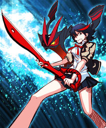  commentary_request female imorimiyuki jacket kill_la_kill letterman_jacket matoi_ryuuko school_uniform scissor_blade_(kill_la_kill) senketsu serafuku skirt sword weapon 