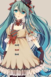  aqua_eyes aqua_hair bad_id bad_pixiv_id belt bow bowtie dress ennui_heiwa_miku gloves hair_ribbon hat hatsune_miku highres long_hair mini_hat mini_top_hat pantyhose ribbon solo sukopio top_hat twintails very_long_hair vocaloid 