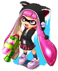  2015 animal_humanoid blooper cephalopod cephalopod_humanoid clothing coleoid decapodiform dress female hair hat headgear headwear humanoid inkling inkling_girl long_hair marine marine_humanoid mario_bros mask mollusk mollusk_humanoid nintendo open_mouth pink_eyes pseudo_hair signature solo splatoon splattershot tanu teeth tentacle tentacle_hair weapon 