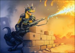  2016 anthro armor clothed clothing eyewear facial_hair fire flamethrower goatee goggles gun horn lizard lol_comments male open_mouth ranged_weapon reptile scalie solo spikes tail vader-san vader_(vader-san) war weapon 