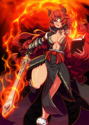  airomed armor asymmetrical_clothes book borrowed_character breasts choker cleavage collarbone commentary_request commission female fire flaming_sword flaming_weapon horns koi_drake large_breasts loincloth long_hair looking_at_viewer open_book original red_hair running sash solo standing standing_on_one_leg sword vambraces weapon yellow_eyes 