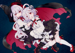  2girls ahoge azur_lane bad_id bad_pixiv_id belt_boots bloomers blouse boots cape commentary detached_sleeves erebus_(azur_lane) gloves gothic_lolita hood hug lolita_fashion mary_janes multiple_girls neck_ribbon object_through_head pantyhose red_eyes ribbon screw_in_head shirt shoes smile socks stitches striped_clothes striped_pantyhose terror_(azur_lane) underwear white_gloves white_hair yaekn 