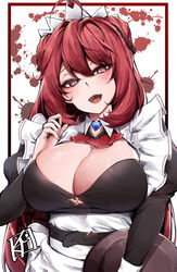  absurdres belt blood blood_splatter border breasts chickenvomit cleavage commentary_request erze_(king&#039;s_raid) fangs female highres king&#039;s_raid large_breasts long_hair looking_at_viewer maid open_mouth red_border red_eyes red_hair solo vampire victorian_maid white_background 