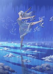  agas_(vpwt7475) bad_id bad_pixiv_id bird blue_background cloud commentary_request dancing dress female high_heels long_hair original reflection tied_hair white_hair 