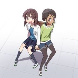  2girls andou_saki bad_id bad_pixiv_id black_hair black_legwear brown_eyes brown_hair chair dark-skinned_female dark_skin deepa_mitra hair_bun highres indian kneehighs long_hair looking_at_viewer multiple_girls name_tag new_horizon open_mouth pantyhose revision shapoco shared_chair shoes shorts single_hair_bun sitting skirt smile socks sweater twitter_username uwabaki 