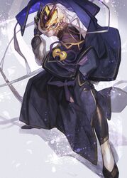  1boy absurdres blue_eyes closed_mouth commentary_request fake_horns fate/grand_order fate_(series) fighting_stance gloves highres holding holding_mask holding_sword holding_weapon horned_headwear horned_mask horns male_focus mask masked nishikiya prince_of_lan_ling_(fate) short_hair sword weapon white_hair 