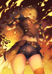  ahoge belt bike_shorts black_gloves blonde_hair breasts commentary_request cowboy_shot female fingerless_gloves fire from_below gloves hands_on_own_chest highres long_hair looking_at_viewer medium_breasts orange_thighhighs puffy_short_sleeves puffy_sleeves red_eyes rwby ryouku short_sleeves single_thighhigh solo thighhighs vambraces waist_cape yang_xiao_long 