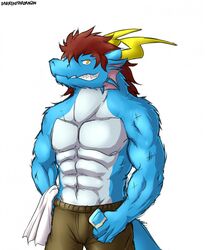  abs anthro biceps biped blue_body blue_fur bottomwear brown_hair clothed clothing darkenstardragon dragon fur furred_dragon furred_scalie hair hi_res holding_object horn looking_at_viewer male muscular muscular_anthro muscular_male mythological_creature mythological_scalie mythology pants pecs reptile scalie shirt simple_background smile solo standing teeth topless topwear white_background white_body white_fur yellow_eyes zero_(darkenstardragon) 