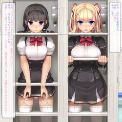  2girls black_hair blonde_hair blue_eyes blush bottle bound bound_wrists bow breasts commentary_request cuffs eto_(ikumika) garter_straps hair_ribbon handcuffs highres immobilization in_locker locker long_hair looking_at_viewer medium_breasts multiple_girls original panties pantyshot restrained ribbon school_uniform skirt small_breasts standing standing_restraints stationary_restraints thighhighs translated twintails two_side_up underwear upright_restraints white_legwear white_panties 