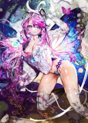  blue_eyes blush breasts butterfly_wings cleavage commentary_request crab_d female insect_wings large_breasts long_hair looking_at_viewer md5_mismatch navel parted_lips purple_hair qurare_magic_library resolution_mismatch shiny_skin skindentation smile solo source_larger thighhighs wings 