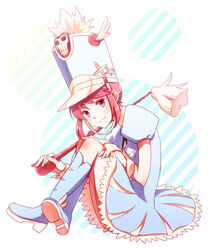  aihara_kaya bad_id bad_pixiv_id boots conductor_baton dress female hat jakuzure_nonon kill_la_kill looking_at_viewer pink_eyes pink_hair shako_cap sidelocks sitting smile solo tassel uniform 