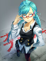  adjusting_eyewear bad_id bad_pixiv_id blue_eyes blue_hair braid breasts bubuki_buranki cleavage dress_shirt female from_above glasses hand_on_own_hip long_hair looking_at_viewer medium_breasts miru_(artist) ougi_kinoa pantyhose red-framed_eyewear red_pantyhose semi-rimless_eyewear shirt skirt solo standing twin_braids under-rim_eyewear very_long_hair 