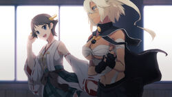  2girls black_gloves blonde_hair blue_eyes breasts brown_hair budget_sarashi chest_sarashi collar commentary_request dark-skinned_female dark_skin detached_sleeves fingerless_gloves flipped_hair glasses gloves green_skirt hair_between_eyes hairband harunagi headgear hiei_(kancolle) hiei_kai_ni_(kancolle) japanese_clothes kantai_collection large_breasts light_brown_hair multiple_girls musashi_(kancolle) musashi_kai_(kancolle) nontraditional_miko pointy_hair red_eyes ribbon-trimmed_sleeves ribbon_trim sarashi semi-rimless_eyewear short_hair short_hair_with_long_locks skirt tall twintails two_side_up under-rim_eyewear 