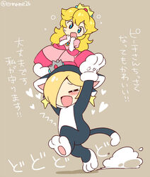  2girls animal_costume animal_ears animal_hands blonde_hair blush cat_costume cat_ears cat_rosalina cat_tail commentary_request crown dress earrings elbow_gloves eromame flustered flying_sweatdrops gloves hair_over_one_eye jewelry long_hair mario_(series) multiple_girls pink_dress princess_peach rosalina running smile super_mario_3d_world super_mario_galaxy tail translated white_gloves 