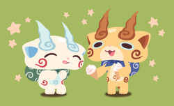  abbreviated_karakusa brothers chuno closed_eyes commentary_request food full_body furoshiki furoshiki_around_neck giving green_background ice_cream ice_cream_cone komajirou komasan licking_lips no_humans photoshop_(medium) siblings simple_background soft_serve standing star_(symbol) tongue tongue_out youkai_(youkai_watch) youkai_watch 