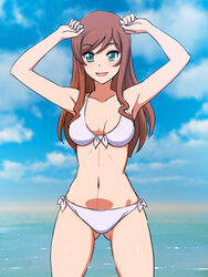  arms_up bikini blush breasts brown_hair female green_eyes gundam gundam_build_fighters gundam_build_fighters_try happy highres kamiki_mirai legs long_hair looking_at_viewer navel ocean open_mouth sky smile solo standing swimsuit thighs water yuki_(12cut) 