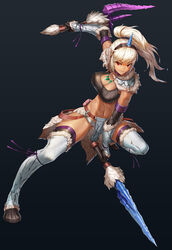  arm_up armor blonde_hair boots breasts chinese_commentary chopsticks cleavage closed_mouth commentary_request dual_wielding female full_body gauntlets hairband holding holding_sword holding_weapon horns jewelry kirin_(armor) knee_up large_breasts leg_up loincloth long_hair looking_at_viewer midriff monster_hunter:_world monster_hunter_(character) monster_hunter_(series) navel niur outstretched_leg panties pauldrons pendant ponytail shoulder_armor simple_background single_horn smile solo sports_bra stomach sword thigh_boots thighhighs toned underwear weapon 