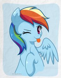  2015 blue_body blue_feathers blue_fur equid equine feathered_wings feathers female feral friendship_is_magic fur hair hasbro hi_res hikariviny looking_at_viewer mammal multicolored_hair my_little_pony mythological_creature mythological_equine mythology one_eye_closed pegasus rainbow_dash_(mlp) rainbow_hair smile solo wings wink 