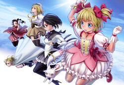  akemi_homura animal annie_leonhardt armin_arlert black_hair blonde_hair blue_eyes christa_renz cosplay crossover dress eclosion elbow_gloves feline gloves kaname_madoka kyuubee mahou_shoujo_madoka_magica mikasa_ackerman miki_sayaka pantyhose ribbons rivaille sakura_kyouko shingeki_no_kyojin thighhighs tomoe_mami 