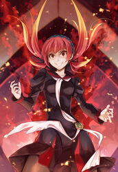  bad_id bad_pixiv_id banryuu_reoko black_dress black_legwear bubuki_buranki crazy_eyes dress evil_grin evil_smile female grin hairband long_hair long_sleeves looking_at_viewer puffy_long_sleeves puffy_sleeves red_eyes red_hair sailor_collar smile solo syuri22 