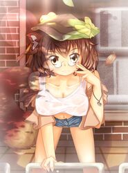  animal_ears bell bow bracelet breasts brown_eyes brown_hair cleavage collarbone commentary_request contemporary denim denim_shorts female futatsuiwa_mamizou glasses gourd hat highres jewelry large_breasts leaf leaning_forward navel pince-nez psychopath_idiot raccoon_ears raccoon_tail shorts smile tail tank_top touhou 