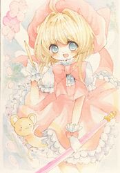  absurdres blonde_hair blue_eyes cardcaptor_sakura cherry_blossoms commentary_request dress female frilled_dress frilled_gloves frills fuuin_no_tsue gloves hat highres kero_(cardcaptor_sakura) kinomoto_sakura kinomoto_sakura_(magic_dream_costume) looking_at_viewer niko_(2ars) open_mouth painting_(medium) pink_hat puffy_short_sleeves puffy_sleeves ribbon short_sleeves traditional_media watercolor_(medium) 