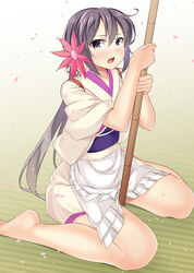  akebono_(kancolle) akebono_(new_year_mode)_(kancolle) apron bad_id bad_pixiv_id bamboo bell female flower hair_bell hair_flower hair_ornament japanese_clothes jingle_bell kankitsunabe_(citrus) kantai_collection kimono long_hair official_alternate_costume photoshop_(medium) pole purple_eyes purple_hair side_ponytail sitting solo wariza 