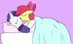  2013 apple_bloom_(mlp) bed bow_(disambiguation) closed_eyes colored duo equid equine female female/female feral friendship_is_magic fur furniture hair hasbro high-roller2108 horn horse kissing lying mammal my_little_pony mythological_creature mythological_equine mythology on_back pillow pink_background pony purple_hair rarity_(mlp) red_hair sex simple_background unicorn white_body white_fur yellow_body yellow_fur young young_feral 