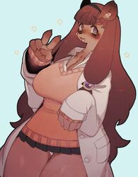  2017 accessory anthro big_breasts bottomwear breasts brown_body brown_fur brown_hair canid canine clothed clothing coat female fully_clothed fur gesture hair hand_gesture headband kemono lab_coat long_hair looking_at_viewer mammal miniskirt open_mouth pupils purple_eyes raccoon_dog rikose simple_background skirt smile solo spiral_pupils standing sweater symbol-shaped_pupils tanuki thick_thighs topwear unusual_pupils v_sign 