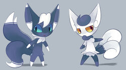  ambiguous_gender blue_sclera bukoya-star duo generation_6_pokemon green_eyes meowstic nintendo pokemon pokemon_(species) red_eyes solar-slash yellow_sclera 