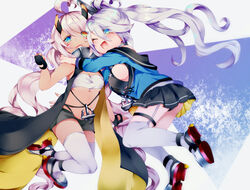  2girls ahoge ass azur_lane bad_id bad_pixiv_id bandeau blush bra commentary dark-skinned_female dark_skin fingerless_gloves gloves heart heart_ahoge heterochromia hug indianapolis_(azur_lane) long_hair miniskirt multiple_girls open_mouth pleated_skirt ponytail portland_(azur_lane) skirt smile sweatdrop thighhighs underwear yaekn 