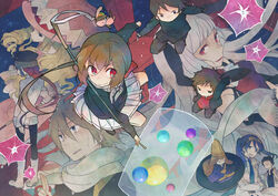  a_(kyousougiga) blonde_hair blue_hair bow brother_and_sister brothers brown_hair commentary_request dress formal fushimi gakuran glasses goggles green_eyes hairbow hami_(lvct) hammer hat hood hoodie koto_(kyousougiga) kurama_(kyousougiga) kyousougiga lab_coat lady_koto long_hair looking_at_viewer monk multiple_boys multiple_girls myoue necktie photoshop_(medium) ponytail professor_shouko red_eyes school_uniform serafuku siblings skirt smile un_(kyousougiga) weapon yase 