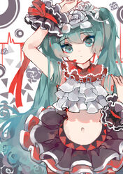  absurdres arm_up bless_you_(module) commentary_request female flower green_eyes green_hair hair_flower hair_ornament hatsune_miku highres juzi_pi long_hair midriff navel nisoku_hokou_(vocaloid) partial_commentary project_diva_(series) project_diva_f_2nd skirt solo twintails very_long_hair vocaloid 