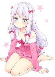  3: barefoot blouse blush bow breasts closed_mouth collarbone commentary_request embarrassed eromanga_sensei female frills hairbow hazuki_natsu izumi_sagiri leaning_forward long_hair long_sleeves pajamas pajamas_pull pink_bow pink_shirt pink_shorts shirt shorts sitting small_breasts solo star_(symbol) starry_background tears thighs twitter_username wariza white_background 