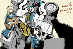  1boy 2girls atago_(kancolle) autobot beret black_hair black_pantyhose blonde_hair breasts commentary_request crossover grand_piano guitar hat instrument jazz jazz_(transformers) kamizono_(spookyhouse) kantai_collection large_breasts long_hair machinery mecha military military_uniform multiple_girls open_mouth pantyhose photoshop_(medium) piano red_eyes robot saxophone smile takao_(kancolle) the_transformers_(idw) transformers twitter_username uniform 