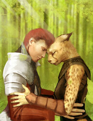  armor bracers bruce_(hattonslayden) cheetah claws closed_eyes clothed clothing duo felid feline female fur hair hattonslayden hi_res human kota_(hattonslayden) male male/female mammal red_hair romantic romantic_couple spots tender yellow_body yellow_fur 