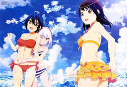  3girls :d ;d absurdres bandeau barefoot bikini bikini_skirt blue_hair blue_sky blush breasts brown_eyes brown_hair cleavage cloud day fisheye frilled_bikini frills grin hair_between_eyes hairband highres hug hug_from_behind kumagai_yuuya large_breasts leg_up looking_at_viewer looking_back medium_breasts mole mole_under_eye multiple_girls navel nisekoi official_art one_eye_closed onodera_kosaki open_mouth outdoors paula_mccoy red_bikini red_eyes short_hair sideboob sky smile striped_bikini striped_clothes swimsuit tsugumi_seishirou white_hair yellow_bikini yellow_eyes 