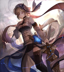  angela_(lord_of_vermilion_iii) angela_(lord_of_vermilion_iii)_(cosplay) arm_at_side black_skirt black_thighhighs blonde_hair breasts commentary_request cosplay detached_sleeves djeeta_(granblue_fantasy) dutch_angle feet_out_of_frame female granblue_fantasy hair_between_eyes hair_ornament holding holding_sword holding_weapon left-handed lord_of_vermilion lord_of_vermilion_iii medium_breasts miniskirt parted_lips pencil_skirt photoshop_(medium) red_eyes see-through short_hair skirt solo standing sword tenyo0819 thighhighs walking weapon zettai_ryouiki 