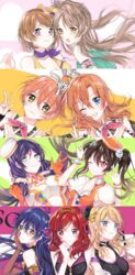  6+girls ayase_eli bad_id bad_pixiv_id black_hair blonde_hair blue_eyes blue_hair brown_eyes brown_hair costume elbow_gloves gloves highres hoshizora_rin koizumi_hanayo kokuhaku_biyori_desu! kosaka_honoka long_hair love_live! love_live!_school_idol_project mermaid_festa_vol.2_~passionate~ minami_kotori multiple_girls nennen nishikino_maki one_eye_closed orange_hair otome_shiki_ren&#039;ai_juku purple_eyes purple_hair red_eyes red_hair smile soldier_game sonoda_umi tojo_nozomi v yazawa_nico yellow_eyes 