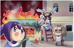  4girls ai_mai_mii angora_rabbit animal animal_on_head arson black_legwear blonde_hair blue_eyes blue_hair blush bow brown_hair bucket building burning burning_building bush chibi choborau_nyopomi corrupted_metadata end_card fire flying_sweatdrops gloom_(expression) gochuumon_wa_usagi_desu_ka? hair_ribbon highres holding hose hoto_cocoa house jitome kafuu_chino kirima_syaro ladder long_hair matchbox matches matoi motion_lines multiple_girls on_head open_mouth outdoors outstretched_arms plaid plaid_skirt plant purple_eyes purple_hair rabbit rabbit_house_uniform ribbon school_uniform shoes skirt sleeves_past_wrists smoke socks standing sweat teardrop tedeza_rize tedeza_rize&#039;s_school_uniform thighhighs tippy_(gochiusa) trembling triangle_mouth twintails very_long_hair vines waitress water white_legwear window 