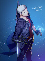  1boy artist_name blue_jacket blue_rose_(gun) commentary_request copyright_name dated devil_breaker devil_may_cry_(series) devil_may_cry_5 feet_out_of_frame grey_hair hand_on_own_hip jacket kuren long_coat male_focus nero_(devil_may_cry) prosthesis prosthetic_arm solo sword weapon 