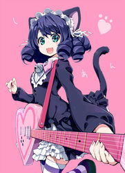  akata_itsuki animal_ears bell black_hair bow cat_ears cat_girl cat_tail commentary_request curly_hair cyan_(show_by_rock!!) dress fangs female green_eyes guitar heart_guitar highres instrument looking_at_viewer open_mouth pink_bow show_by_rock!! smile solo strawberry_heart_(show_by_rock!!) striped_clothes striped_thighhighs tail thighhighs 