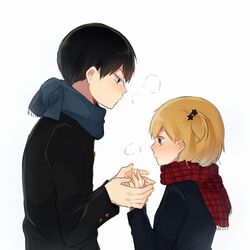  1boy black_hair blonde_hair blue_eyes blush breath brown_eyes commentary_request female haikyuu!! hair_ornament height_difference holding_hands kageyama_tobio long_sleeves looking_at_another rivers scarf short_hair side_ponytail simple_background white_background yachi_hitoka 