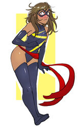  black_footwear black_gloves black_thighhighs blush boots brown_hair commentary cosplay dark-skinned_female dark_skin elbow_gloves english_commentary female full_body gloves greenmarine highres kamala_khan leotard long_hair marvel mask ms._marvel ms._marvel_(cosplay) purple_eyes sash solo teenage thigh_boots thighhighs 