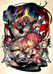  5girls blue_eyes breasts chromatic_aberration cleavage commentary_request dark-skinned_female dark_skin elphelt_valentine guilty_gear guilty_gear_xrd halo jack-o&#039;_valentine justice_(guilty_gear) long_hair medium_breasts multiple_girls orange_eyes oro_(sumakaita) photoshop_(medium) pink_hair ramlethal_valentine red_hair spiked_halo valentine_(guilty_gear) white_hair 