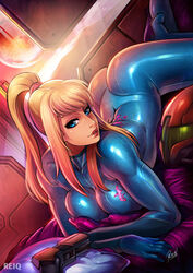  ass bed blonde_hair blue_eyes bodysuit breast_press breasts dutch_angle female gun high_ponytail large_breasts looking_at_viewer lying metroid neon_trim nintendo on_stomach pillow ponytail reiq samus_aran smile solo weapon window zero_suit 