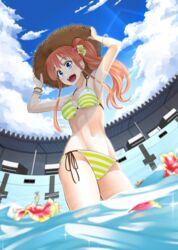  :d abs armpits arms_up bad_id bad_twitter_id bikini blue_eyes blue_sky blurry bracelet cloud day depth_of_field female fisheye flower groin hands_on_headwear hat hibiscus highres hoshino_me_wo_tsubutte. hoshino_misaki jewelry lens_flare long_hair nagashii_kouhei navel oerba_yun_fang open_mouth orange_hair outdoors petals pool side-tie_bikini_bottom side_ponytail sky smile solo starting_block straw_hat striped_bikini striped_clothes swimsuit wading water 